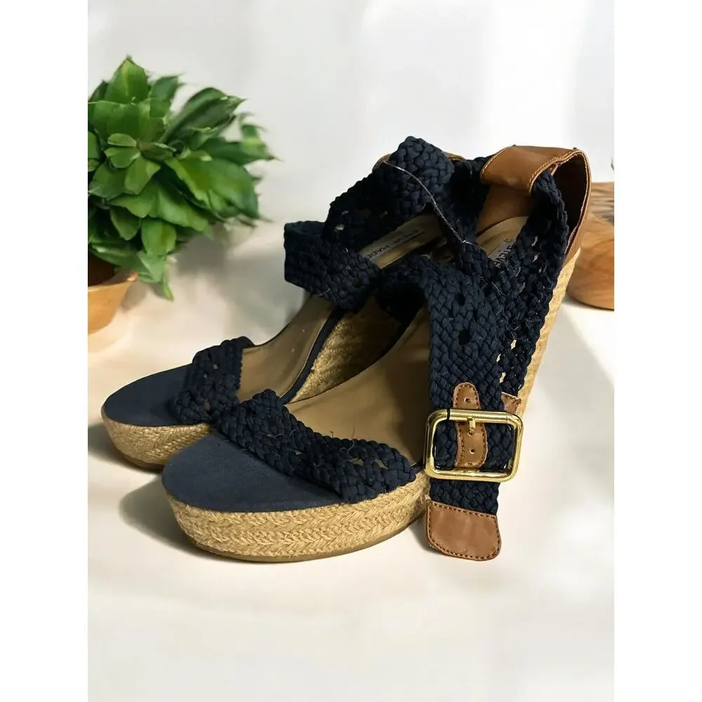 Steve Madden Navy Blue Knit High Heel‎ Wedge Espadrilles Women's Size 9.5